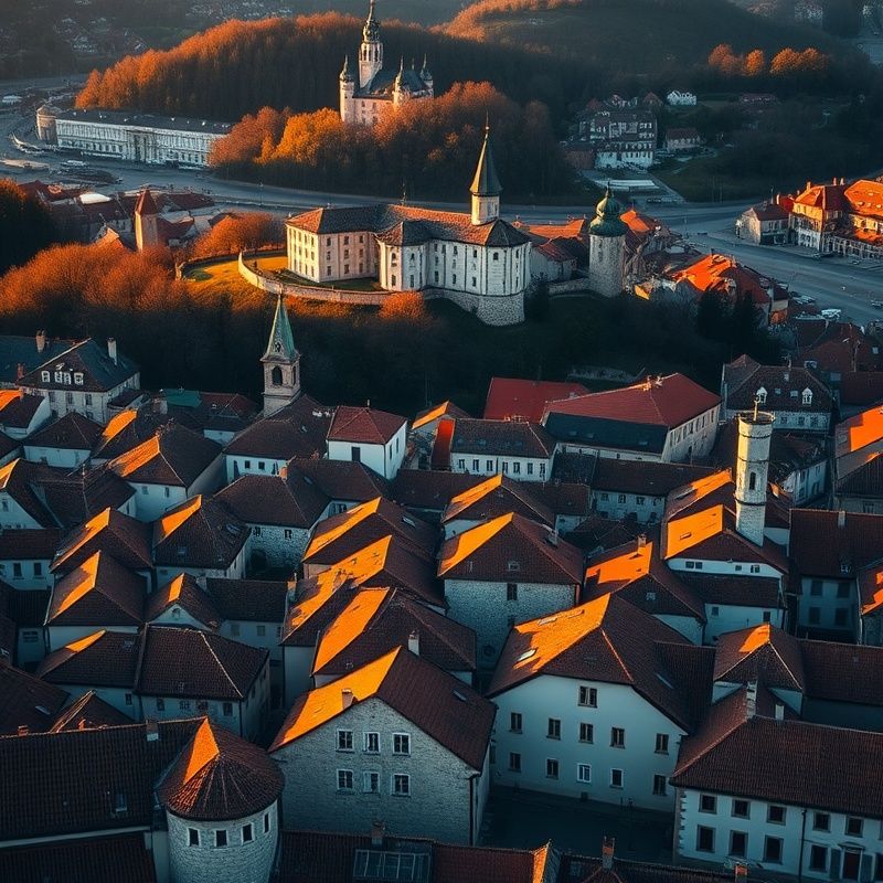 Zračni pogled na staro mestno jedro Ptuja v zlati uri